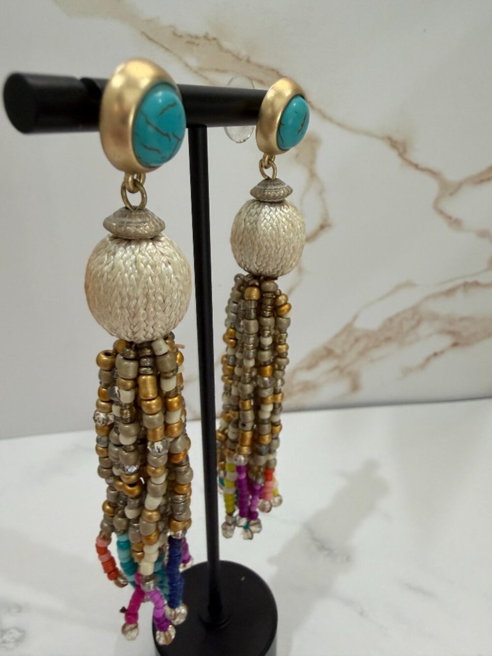 Chico’s Turquoise Cabochon Pearl Bead Multi Strand Tassel Drop Earrings - Picture 4 of 7